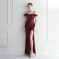 Sequin & Polyester Off Shoulder Long Evening Dress side slit & backless embroidered PC