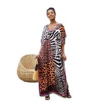 Polyester and Cotton long style One-piece Dress loose printed leopard multi-colored : PC
