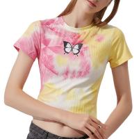 Seda artificial Mujeres Camisetas de manga corta, corbata, patrón de mariposa, multicolor, :,  trozo