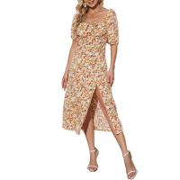 Cotton front slit One-piece Dress mid-long style printed floral multi-colored PC