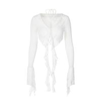 Polyamide & Rayon stringy selvedge & Tassels Women Long Sleeve T-shirt midriff-baring plain dyed Solid PC