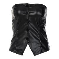 PU Leather & Spandex & Polyester Waist-controlled & front slit Boat Neck Top Solid black PC