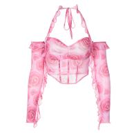 Spandex & Polyester Camisole with oversleeve & midriff-baring & backless printed floral pink PC