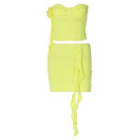Spandex & Polyester Two-Piece Dress Set midriff-baring & above knee patchwork Solid yellow Set
