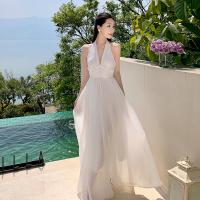 Chiffon Waist-controlled Halter Dress slimming & deep V Solid white PC