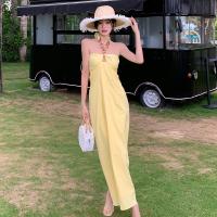 Polyester Halter Dress backless Solid yellow PC