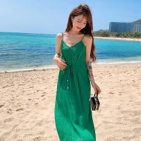 Polyester Waist-controlled Slip Dress deep V Solid green PC