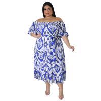 Polyester Waist-controlled & long style & Plus Size One-piece Dress & off shoulder printed floral PC