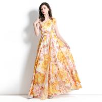 Chiffon long style One-piece Dress large hem design & One Shoulder printed floral yellow PC