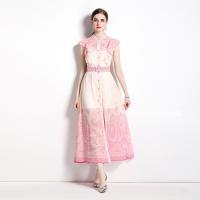 Polyester front slit One-piece Dress see through look & double layer printed Solid pink PC