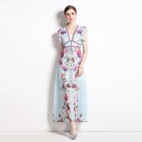 Polyester front slit One-piece Dress see through look & deep V printed Solid blue PC