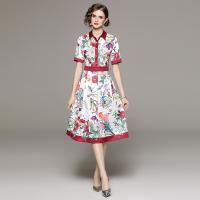 Polyester Waist-controlled One-piece Dress slimming & loose printed Plant red PC
