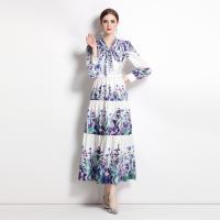 Polyester Waist-controlled & long style One-piece Dress large hem design printed shivering purple PC