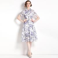 Polyester Waist-controlled & long style One-piece Dress see through look printed shivering blue PC