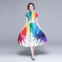 Polyester Slim & Pleated One-piece Dress & two piece & breathable printed multi-colored Set