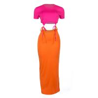 Spandex & Polyester long style Two-Piece Dress Set midriff-baring plain dyed Solid fuchsia Set