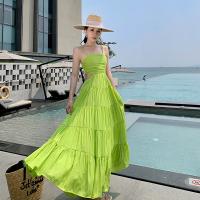Polyester long style Slip Dress large hem design Solid green PC