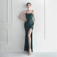 Sequin & Polyester Slim Long Evening Dress side slit & backless embroidered PC