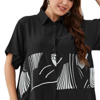 Polyester Women Short Sleeve Shirt & loose printed striped black PC