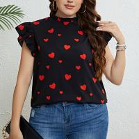 ポリエステル 女性半袖Tシャツ 印刷 心臓パターン 黒 一つ