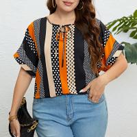 Polyester Women Short Sleeve Shirt & loose printed striped multi-colored PC