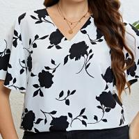 Polyester Women Short Sleeve T-Shirts & loose printed floral white PC