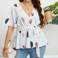 Polyester Women Short Sleeve T-Shirts & loose printed leaf pattern white PC