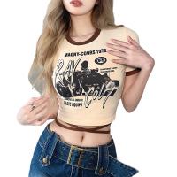 Spandex & Cotton Women Short Sleeve T-Shirts midriff-baring & hollow printed letter Apricot PC