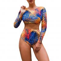 Polyester Tankinis Set backless & two piece & padded printed leaf pattern blue Set