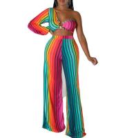 Polyester Women Casual Set & two piece Long Trousers & top printed striped multi-colored Set