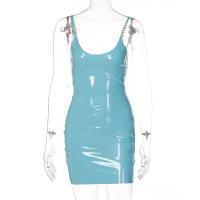 PU Leather & Polyester Slip Dress & above knee patchwork Solid PC