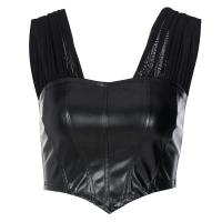 PU Leather & Polyester Tank Top midriff-baring Solid PC