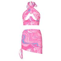 Spandex & Polyester Two-Piece Dress Set midriff-baring & backless & above knee printed pink Set