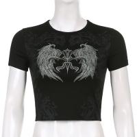 Polyester Women Short Sleeve T-Shirts midriff-baring printed wing black PC