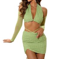 Polyester High Waist Two-Piece Dress Set deep V & two piece & off shoulder patchwork Solid green Set