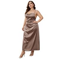 Polyester Waist-controlled & Plus Size One-piece Dress side slit & backless & off shoulder Solid brown PC