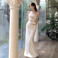 Polyester Slim Halter Dress & hollow Solid white PC