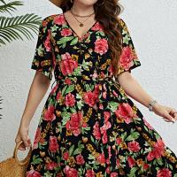 Polyester Waist-controlled & Plus Size One-piece Dress printed floral multi-colored PC