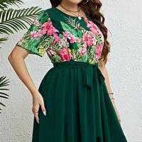 Polyester Waist-controlled & Plus Size One-piece Dress printed floral green PC