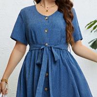 Polyester Waist-controlled & Plus Size One-piece Dress blue PC