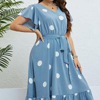Polyester Waist-controlled & Plus Size One-piece Dress printed dot blue PC