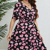 Polyester Waist-controlled & Plus Size One-piece Dress printed floral black and pink PC