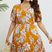 Polyester Waist-controlled & Plus Size One-piece Dress printed floral yellow PC