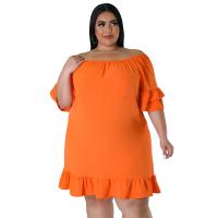 Polyester scallop & Plus Size One-piece Dress & off shoulder & loose Solid PC