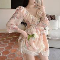 Polyester One-piece Dress deep V printed Apricot PC