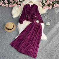 Chiffon Waist-controlled & Pleated Two-Piece Dress Set two piece Solid : Set