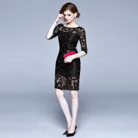 Polyester Waist-controlled Sexy Package Hip Dresses see through look & slimming printed Solid black PC