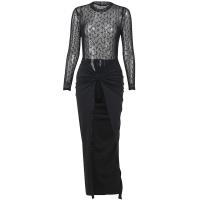 Polyester front slit & High Waist Two-Piece Dress Set see through look & backless & two piece patchwork Solid black Set
