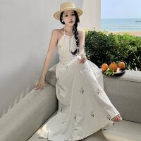 Polyester Waist-controlled Halter Dress backless patchwork white PC