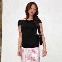 Polyester T-shirts femmes à manches courtes Extensible Solide Noir pièce